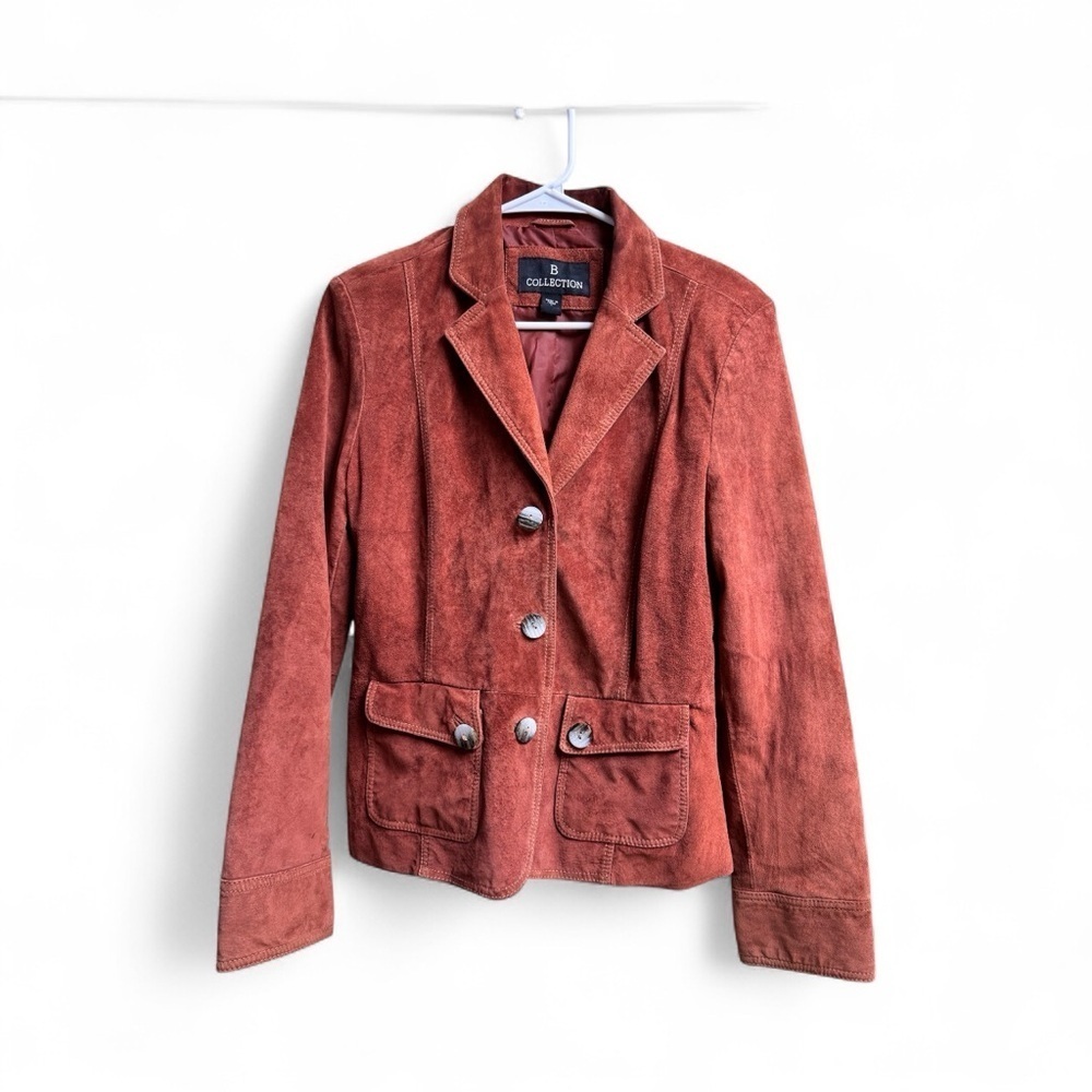 Genuine Leather Blazer Jacket Rust Brown Suede Look Tailored Women’s L